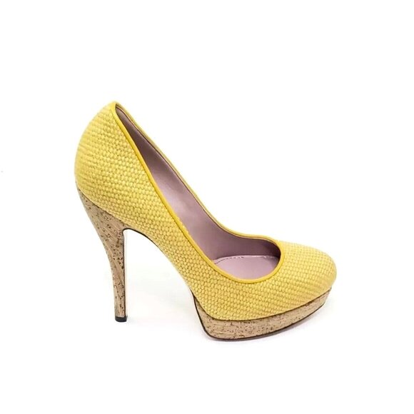 Gucci Bumblebee Woven Cork Platform Pump Stiletto Almond Round Toe Yellow US 7.5 - Picture 10 of 10